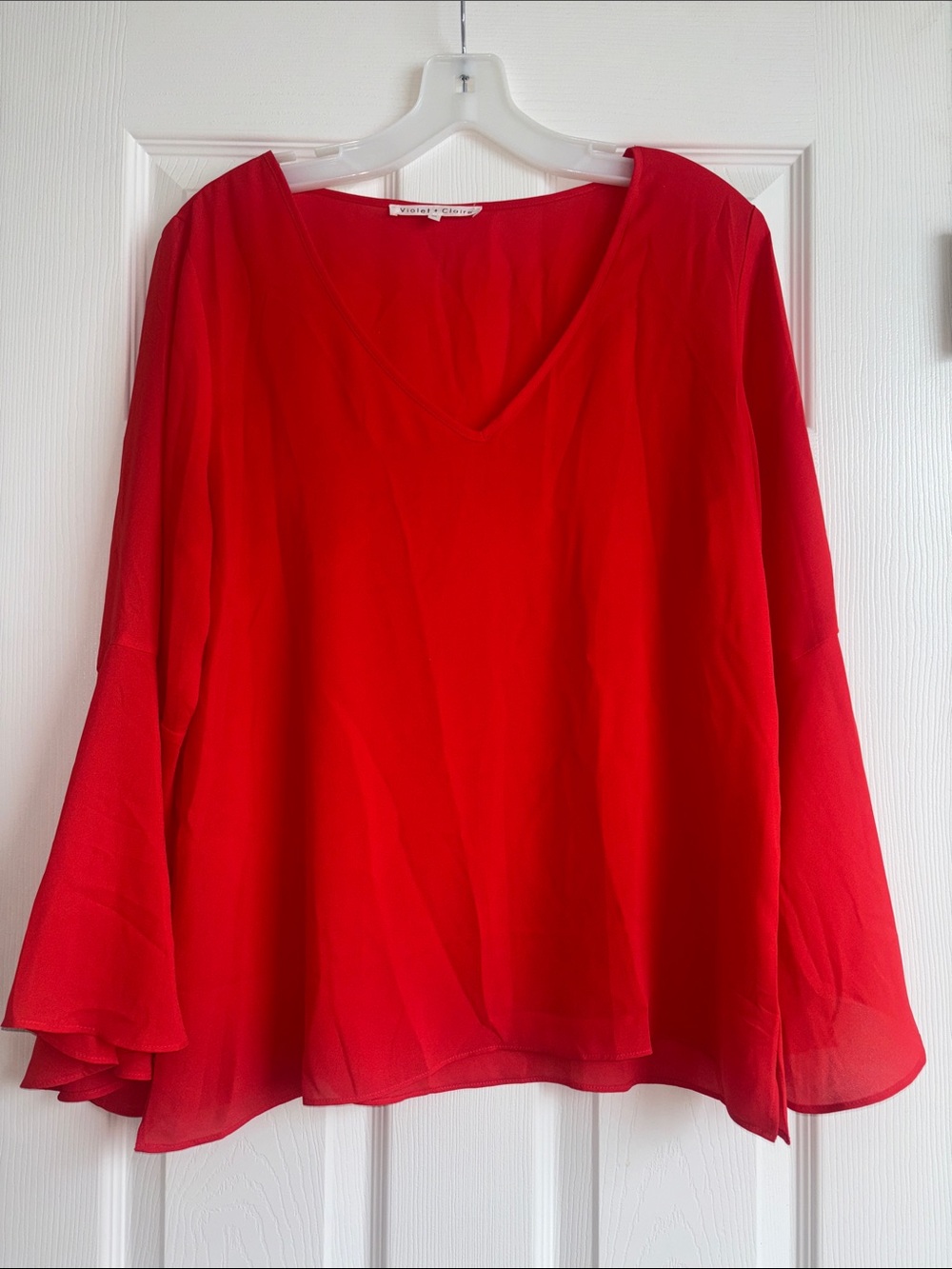 Vibrant Tomato Red V-Neck Flowy Bell Sleeve Blouse